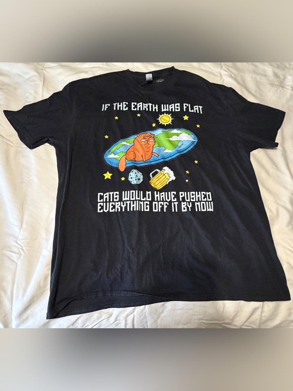 Black Graphic Short Sleeve Tee - 'If The Earth Was Flat' Cat Design